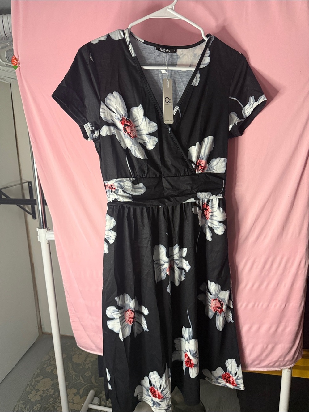 Home Collection Black Floral Wrap-Style Midi Dress with White and Pink Blooms